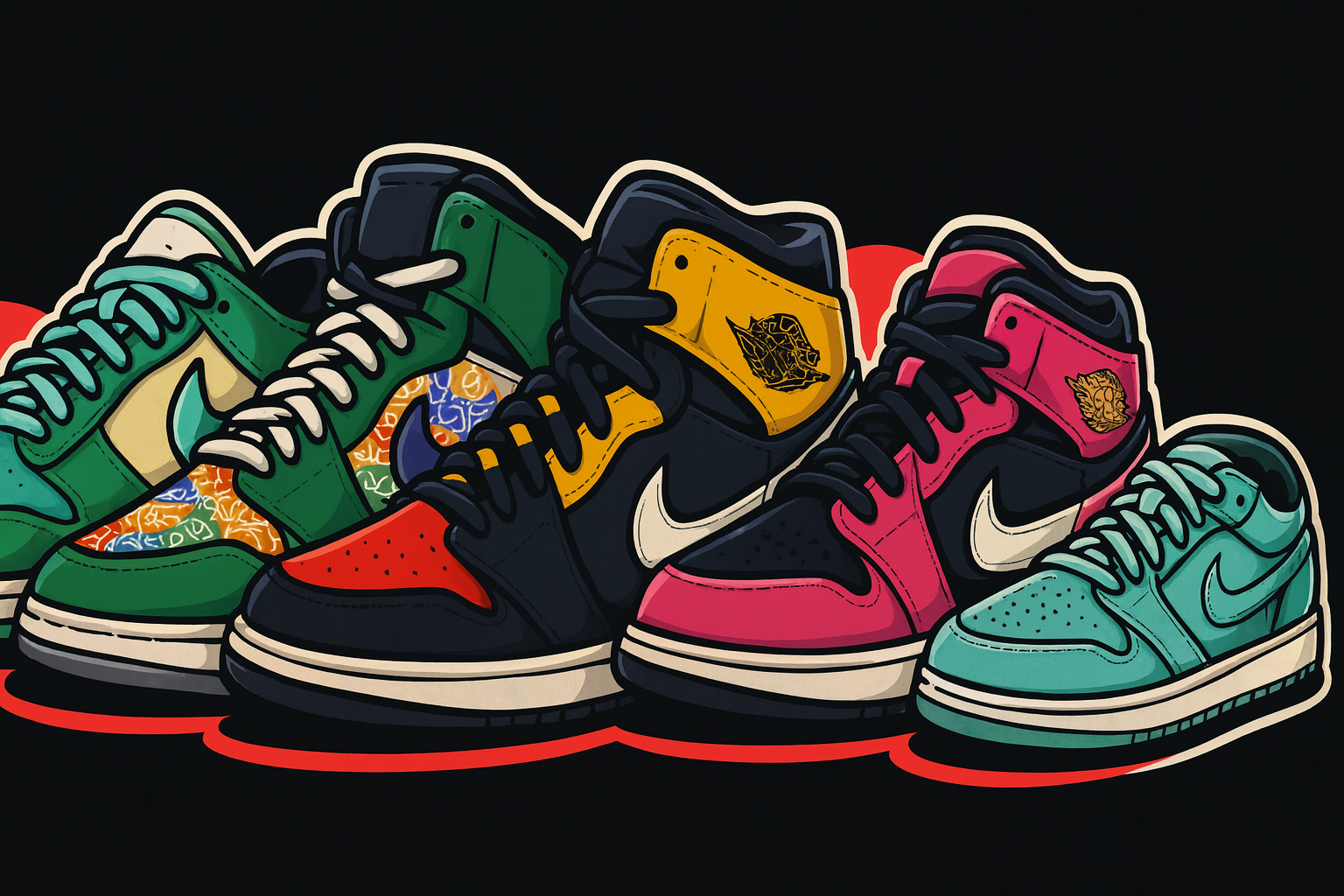 Colorful sneakers arranged in a row on a black background